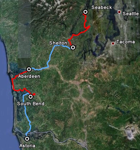 klik op de kaart voor de route in Google Earth De route in de staat washington